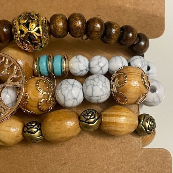 Stackable Boho Wooden Beaded Bracelets (4 Total) (NEW) - Picture 8 of 9